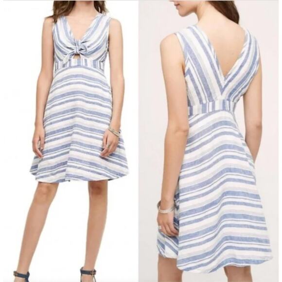 Anthropologie Maeve NWT Bon Vivant Striped Tie Front Linen Pocket Dress 6 Summer - Picture 1 of 11